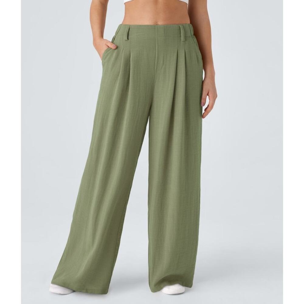 Halara Wide Leg Flowy Solid Palazzo Casual Linen Feel Pants Catkin Green XL